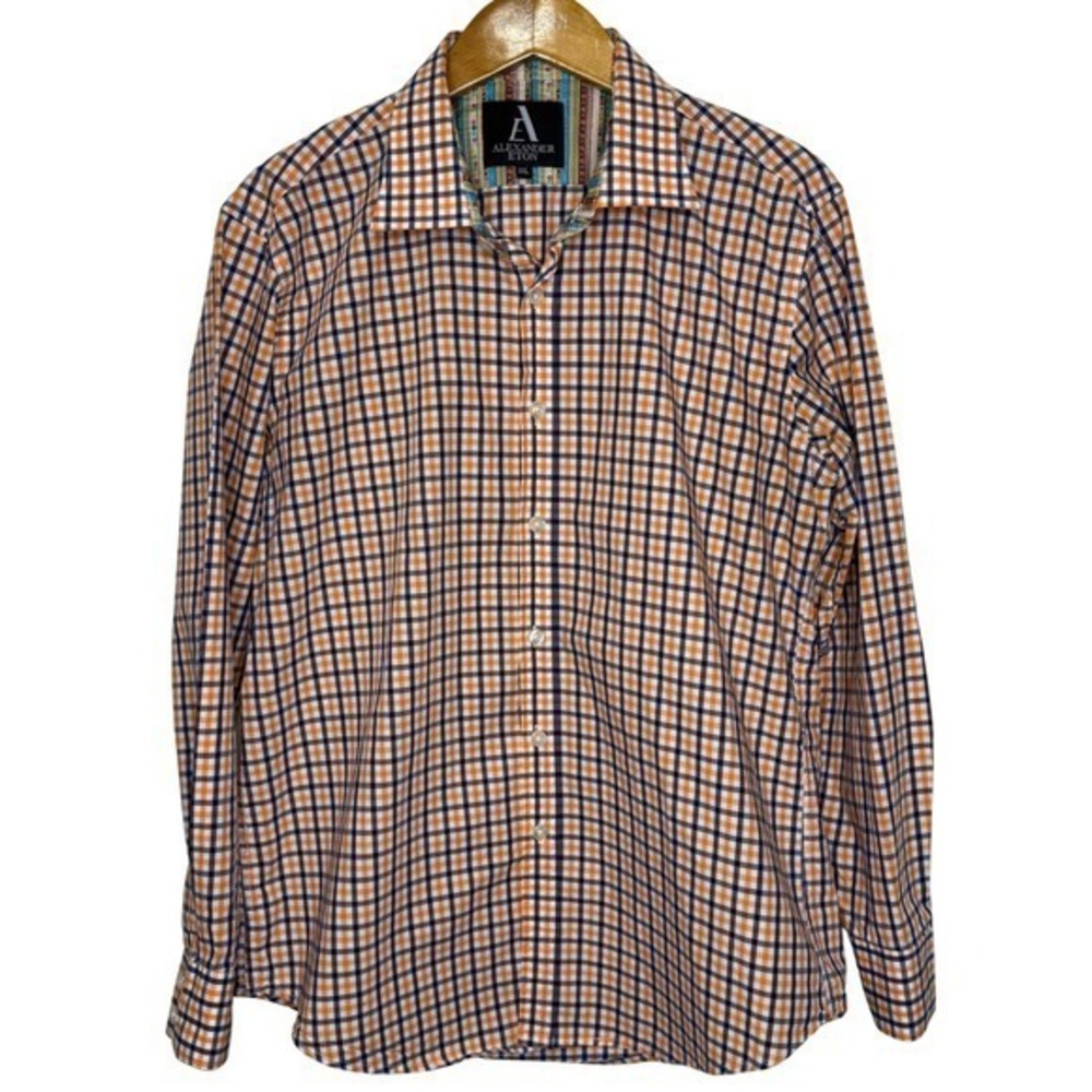 Alexander Eton Shirt Men's‎ XL Orange/Blue Plaid Button Front